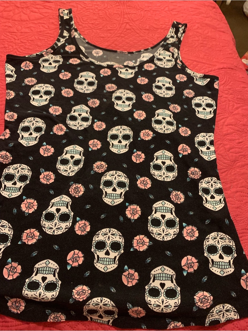 Black Sugar Skull Tank Top with Pink Rose Print